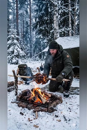 Roasting chicken in -20°C Snowy forest 🏕️🍗🔥 #shorts