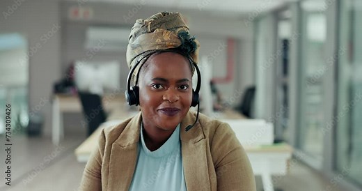 Face, video call and black woman with telemarketing, agent and communication with headphones. Portrait, African person and insurance consultant with headset and customer support with advice and help