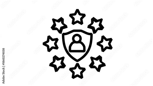 User protection icon featuring a person in a shield surrounded by stars, representing VIP security, privacy, and premium safety services.