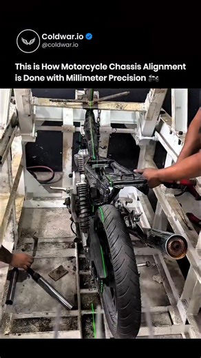 Coldwar on Instagram: "A single misaligned degree changes how a motorcycle rides, handles, and wears over time. Technicians use laser reference lines, fixed jigs, and mechanical leverage to realign the frame, swingarm, and rear wheel. A green laser marks the true centerline and exposes distortions invisible to the eye. Instead of replacing parts, they apply controlled force to correct the chassis and restore factory geometry and straight line stability. The work moves slowly and demands precisio