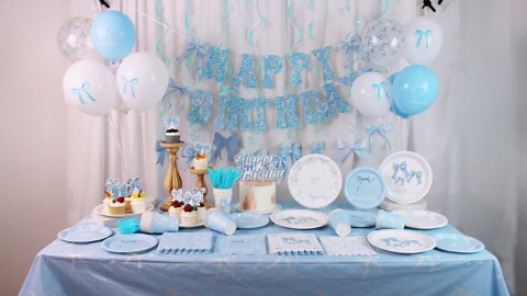 Blue Bow Birthday Party Supplies Serve 24,Coquette Birthday Decorations Blue Bow Party Plate,Napkin,Banner,Cup for Girls Women Bridal Engagement,Baby Shower Decorations