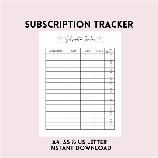 Subscription Tracker Printable PDF | Monthly and Yearly Subscription Log | A4, A5, US Letter | Budget Planner Insert | Instant Download - Etsy