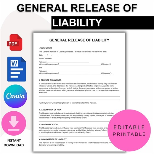 General Release of Liability, Hold Harmless, Indemnity Waiver (PDF) - Etsy UK