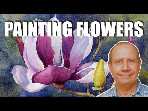 Painting flowers with watercolors. Step by step tutorial how to paint a magnolia flower. Watercolour