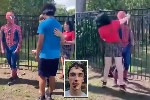 Spiderman kid punched in face, bully arrested