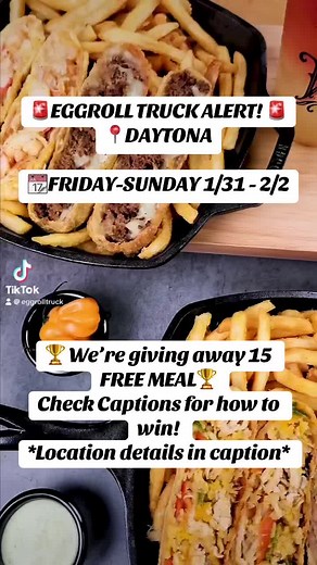 🚨DAYTONA🚨 📆FRIDAY-SUNDAY 1/31 - 2/2 ⏰️10:30am-Until Sell Out (11am Friday) 📍1101 Beville Rd Daytona Beach, FL 32119 (WALMART PARKING LOT) OPEN TO THE PUBLIC! 🎉15 FREE MEAL GIVE AWAY!🎉 (15 FREE Meal Giveaway) All you have to do is REPOST/SHARE this post onto your page and tag as many friends as possible in the comments and you are In the drawing! 15 grand prize winners will be chosen!) (Get a FREE Mix & Match with Flavored Fries and them signature sauces. FREE) 5 winners will be posted each