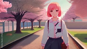 Cute Lofi Beautiful anime Girl on Railway, 2D Flat Anime-style, Lofi aesthetic, anime girl. animation, anime, hand drawn, Japanese, a chill anime lo-fi hip hop vibe. Seamless looping animation