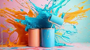 Colorful paint splashes surround open cans and a paint roller, showcasing a lively and artistic atmosphere in soft pastel tones