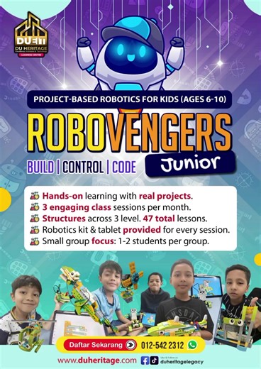 Program Robotic Coding RoboVenger @ DuEIT Learning Centre, Ipoh, Perak. Program Robotic Coding RoboVenger akan mula dijalankan di duEIT Learning Centre bermula Februari atau Mac 2026, khusus direka sebagai kelas hujung minggu dengan pendekatan kumpulan kecil (1–2 peserta sahaja) bagi memastikan pembelajaran lebih fokus, efektif dan bersifat hands-on sepenuhnya. 🌟 Konsep & Keunikan Program RoboVenger ialah program robotik & pengaturcaraan berasaskan projek yang memberi pendedahan awal kepada dun