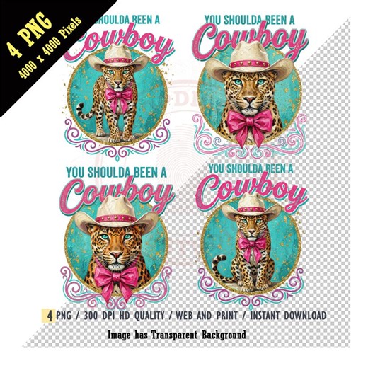 Retro Leopard Cowboy Hat PNG You Shoulda Been A Cowboy Digital Download Vintage Western Animal Shirt Sublimation, Pop Art Pink Teal, Cheetah