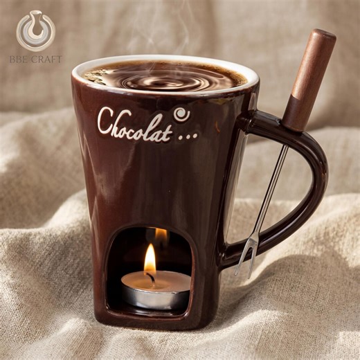 Ceramic Chocolate Fondue Mug Set With Tealight Candle Holder and Forks – Melting Pot for Hot Chocolate, S'mores, Marshmallows & Desserts - Etsy