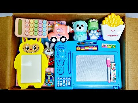 Unboxing modern stationery items - sketch pens, calculator pencil box, sketch board, big sharpener