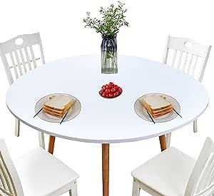 NEWISHER Round Fitted Table Cover Spandex Stretch Tablecloth White Table Top Cover with Elastic Edged for Dining Picnic Patio 48 inch