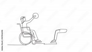 Self drawing animation of single line draw joyful disabled Arabian man in wheelchair playing basketball. Concept of adaptive sports for disabled people. Continuous line draw. Full length animated