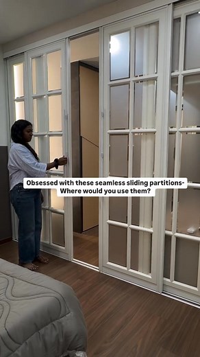 This synchronised sliding partition goes a long way- creating balance, privacy- and a touch of style ✨ [Room partition, Interior design, bedroom hacks. Modular furniture] | HomeLane