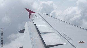 aircraft landing configuration with flap and speed break extended. Aircraft aerodynamic break for landing. aircraft wing with devices working.