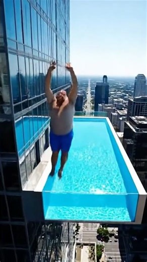 Fat Guy Jumps OFF 60th Floor Rooftop into Transparent Pool on 40th Floor Edge! 😱💦 #funny