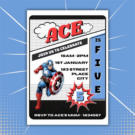 Captain America Birthday Invitation Template | Superhero Party Invite | Canva Editable Digital Download | Boys Party - Etsy