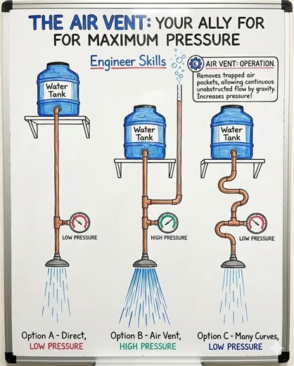 🚿 WEAK SHOWER PRESSURE? HERE IS THE SOLUTION! 🚿 Ever wondered why only a trickle of water comes out of your shower even when the tank is full? 🧐 Most people think they need to raise the water tank three stories higher or buy expensive pumps, but 90% of the time, the culprit is simple physics: trapped air. 🛠️ HOW TO FIX IT: THE "AIR VENT" SECRET Air bubbles in your pipes act like invisible plugs, blocking the flow and killing your water pressure. Here is how to solve it using correct hydrauli