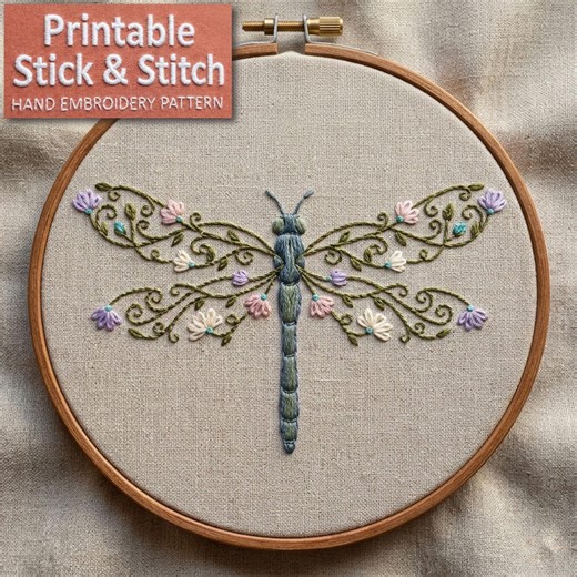 Floral Dragonfly Line Art Embroidery Pattern PDF - Etsy