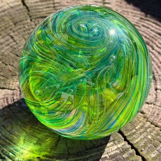 Glass Paperweight - Green & Aqua Feathered - One of a Kind Handblown Orb – Unique Gift – Art Glass Sculpture - Etsy