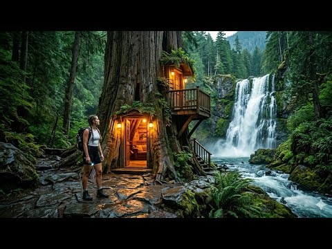 Building A Secret Room Inside A Tree Trunk Over A Waterfall | ASMR Survival #ASMR #SurvivalBuildo
