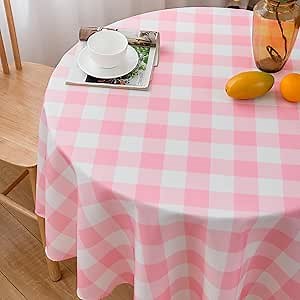Pink Round Tablecloth 60 Inch Gingham Table Cloth - Polyester Pink and White Checkered Plaid Table Cover Reusable Water Resistant for Spring Valentine Summer Holiday Picnic Dinner Party Décor