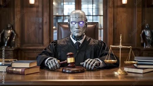 Robot judge presiding over court with gavel and scales