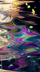 Beautiful abstract animation of fish swimming, surrealist iridescent waves flowing in a 30 second loop, native 9:16 TikTok, social media ads, music animation for Spotify Canvas (generative AI, AI)