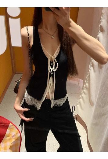 Black vest #lace #layered #sleeveless #top #vest #black #knot #women #fashion #blouse #recommendations #outfit #clothes #clothing #tiktokshop #foryou