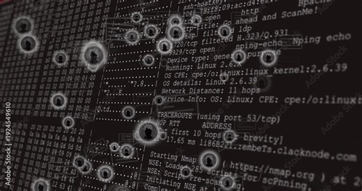 Grid appearing, avatar icons and chat bubbles drifting, clustering over cmd output, revealing scan