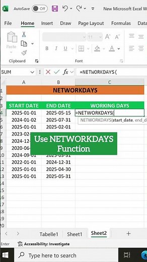 How to Calculate Working Days in Excel | NETWORKDAYS Function #excel #exceltips #networkdays