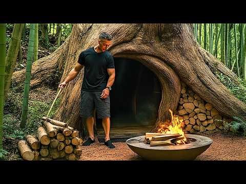 Full Movie: I Built a Warm Tree Trunk Shelter Alone with Underfloor Heating & Catch Eels