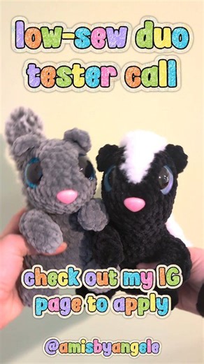 *PATTERN TESTER CALL - OPEN* Low-sew skunk and no-sew squirrel! Testers will only have to test one animal and fur yarn is completely optional. 🙂 Testers will be chosen on Friday. Check out my IG page to apply! #patterntest #testercall #amigurumipatterntest #amigurumitestercall #amigurumi | Amis By Angèle