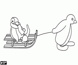 Pingu and Pinga on sled coloring page printable game
