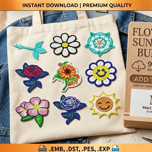 Floral Embroidery Designs Bundle | Rose, Sunflower, Daisy Smiley Patches (digital Download) - Etsy