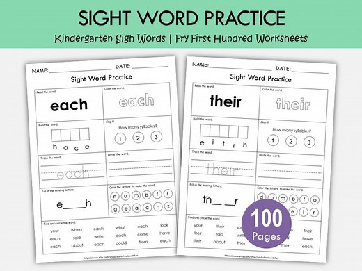100 Printable Sight Words Worksheets for Kids | Fry First Hundred Sight Word Workbook | Preschool, Kindergarten, Grade 1 | Learn to Read - Etsy