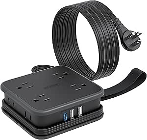 Flat Extension Cord Power Strip with 8 Widely Outlets 3 USB Ports(1 USBC), 6 Feet Black Extension Cord with Multiple Outlets, Wall Mount Outlet Extender for Home, Office, Dorm Room Essentials