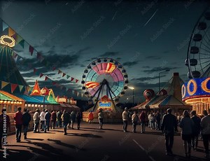 A nighttime view of a bustling fairground, featuring a Ferris wheel and colorful carnival rides