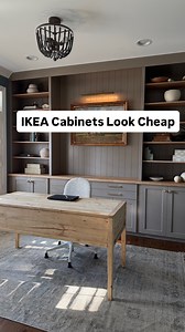 Ikea makeover My entire IKEA office build… in under 30 secs. Building it took… a little longer. 😅 We cleared the room, said goodbye to my trusty Zoom-era wallpaper, built and customized a whole wall of IKEA cabinets flipped bookcases, installed a 12’ white oak butcher block, added shiplap backing, primed/painted/filled every inch, anchored everything to the walls, added lighting, hardware, and styled it up. Now it looks like a fully custom built-in—on an IKEA budget. 🙌 All cabinet details, pro
