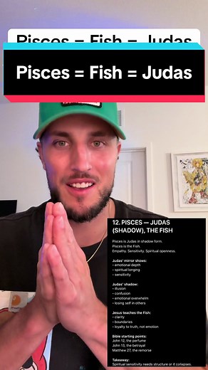 12. PISCES — JUDAS (SHADOW), THE FISH The Fish swims between spirit and illusion. Core Pisces traits mirrored in Judas • sensitivity • spiritual openness • emotional depth • longing for meaning • idealism Astrological layer Pisces is ruled by Jupiter and Neptune. Dream, illusion, intuition, sacrifice. Scripture moments John 12 Misaligned value. Lesson: clarity over confusion. John 13 Inner conflict masked by kindness. Lesson: truth over emotion. Matthew 27 Despair without grounding. What Pisces