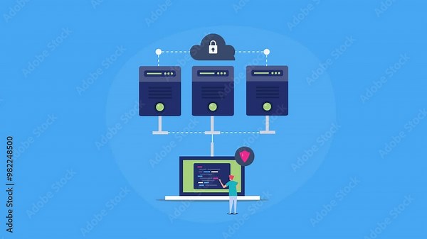 Cloud server security update, information technologist installing new software version coding and programming, secure hosting network concept. 2d animation video clip.