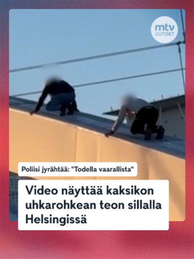 ❌ MTV Uutisten lukija todisti Helsingin Mustikkamaalla vaarallista tilannetta sunnuntaina. Kaksi henkilöä laskeutui Kalasataman ja Mustikkamaan yhdistävän sillan teräskaarta pitkin. Helsingin poliisilaitoksen komisario Johanna Sinivuori kertoo MTV Uutisille, ettei poliisi ole saanut juuri kyseisestä tapauksesta ilmoitusta, mutta ilmiö on tuttu. Sillalle kiipeäminen on poliisin mukaan laitonta. 👉 Lisää aiheesta bion linkin kautta.