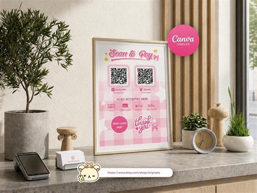 Printable QR Code Signage for Business - Canva Editable Template Design - Girly Ribbon Aesthetic - Social Media QR Code + FREE Guide - Etsy