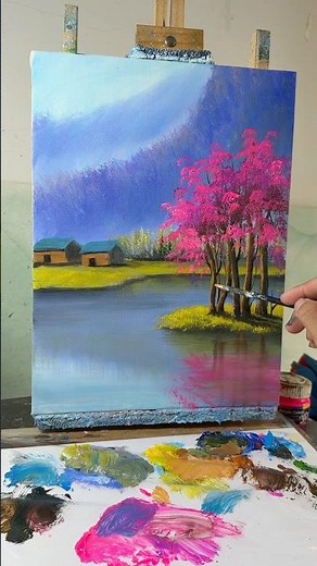 Easy Pink Tree Reflection by the River | Beautiful Mountain Landscape Painting 🌸🎨