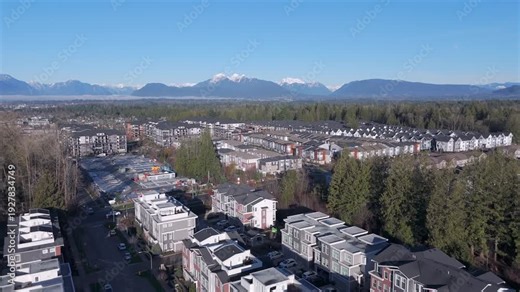 Residential Neighbourhood - Rows Of Houses And Townhouses In Langley, British Columbia, Canada. Aerial Shot