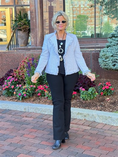 Looking for the perfect look? This classic outfit transitions effortlessly from work to vaca! ✈️ Pair this chic jacket with our fabulous black slacks for the office — or swap in white jeans when you’re heading south. ☀️ | Cathy's Place