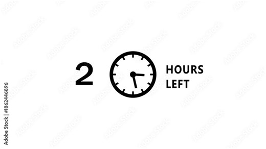 2 Hours left countdown clock icon animation. Countdown timer clock animation. Stopwatch timer clock. Starting soon timer animation.