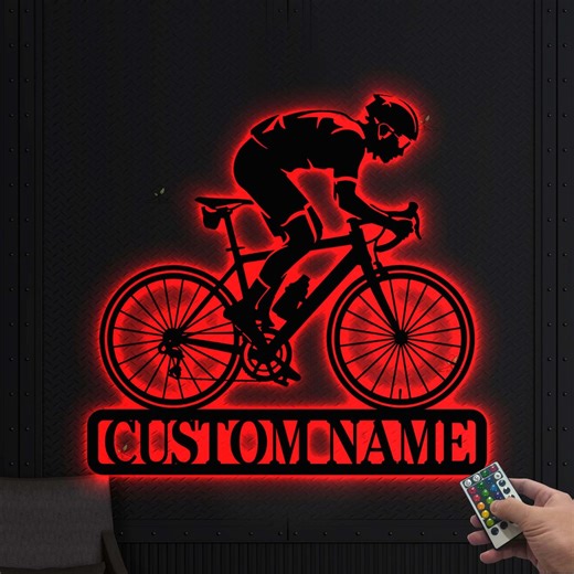 Personalized Cyclist Metal LED Sign, Road Bike Wall Art - Etsy