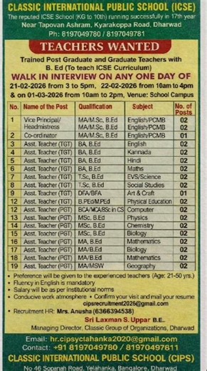 Dharwad ICSE School Teachers Wanted 2026 🔥 Walk-In Interview